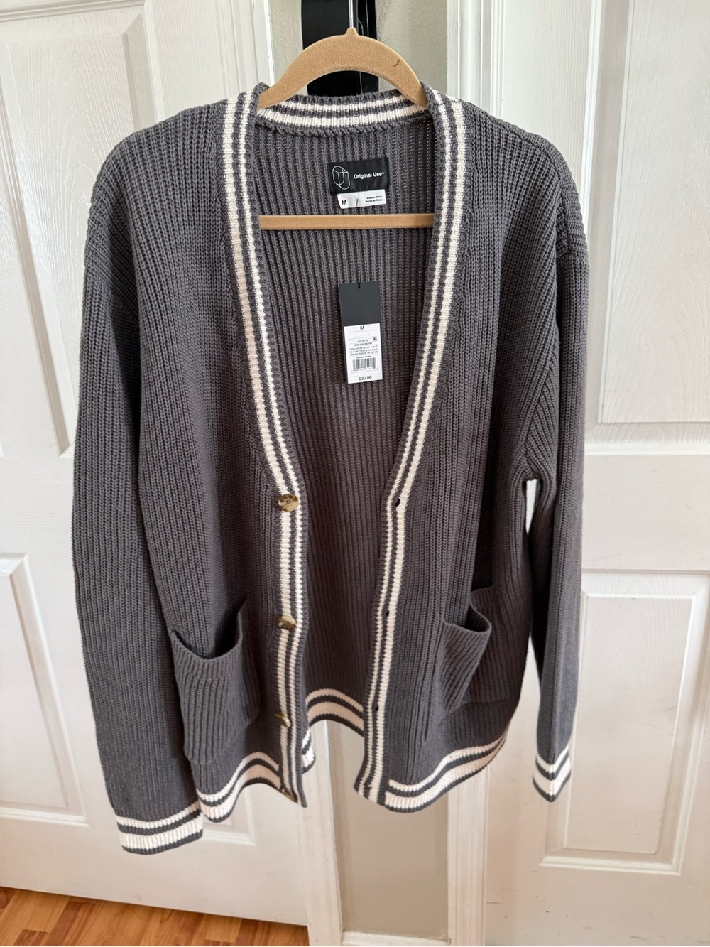 Original Use Charcoal Cardigan with White Contrast Trim